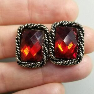 Vintage Red Rhinestone Rectangle Clip On Earrings, Silver Tone Setting, Estate